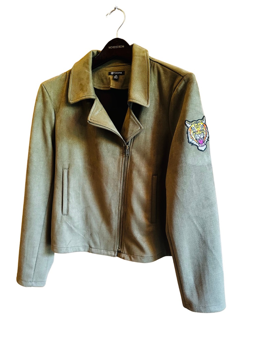 Versona Medium Olive Green Brushed Suede Moto Jacket Tiger Snake Patches